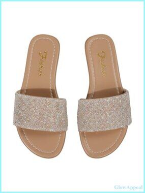 Rhinestone Sparkly Flat Slide Sandals Open Toe Slip On Wedding Shoes
